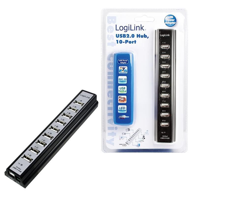 LogiLink USB-HUB 10-Port mit Netzteil schwarz