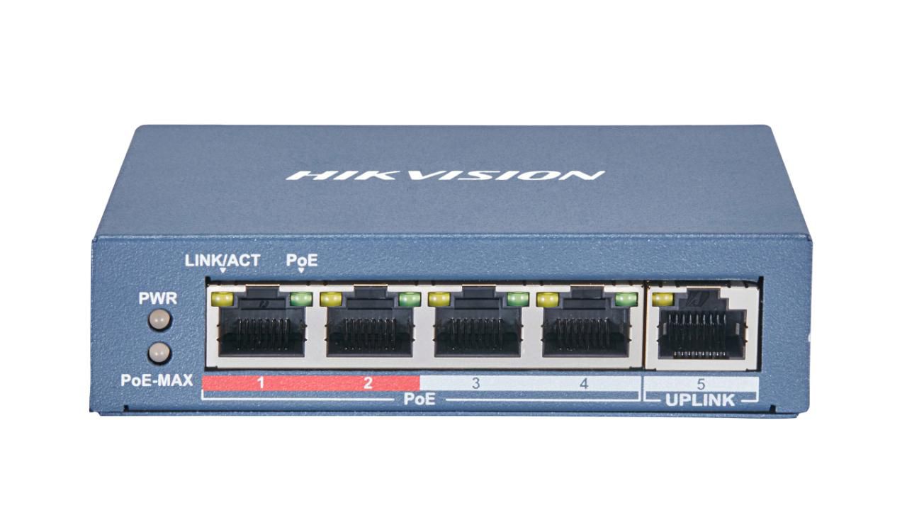 DS-3E0105P-E(B), Hikvision Switch PoE 4 puertos Fast Ethernet no  gestionable