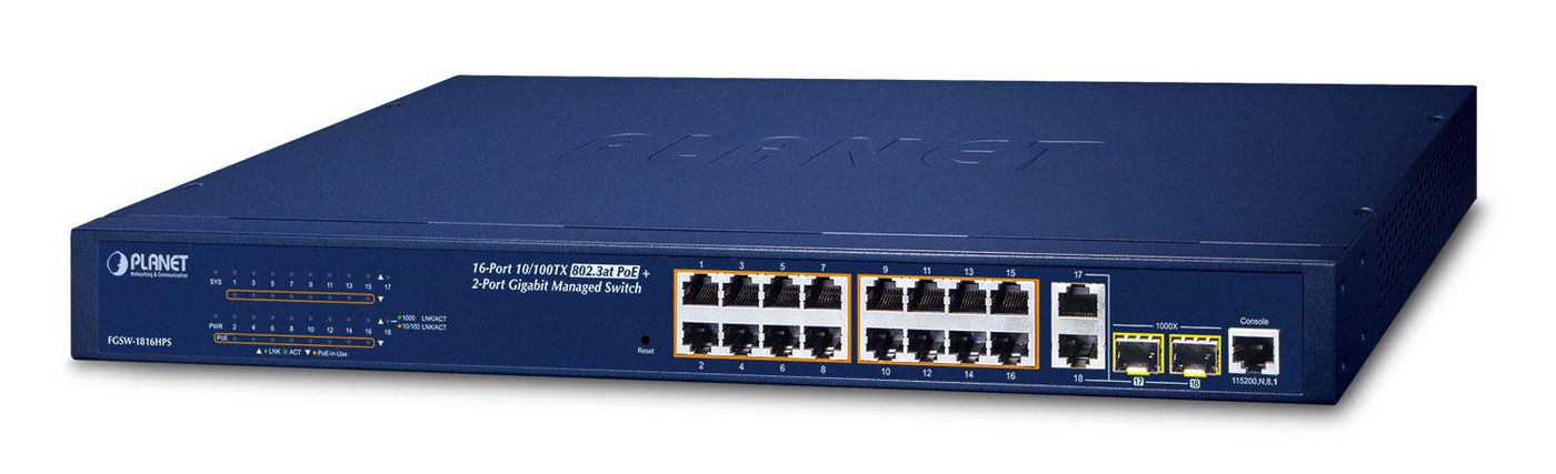 FGSW-1816HPS - Switch WebSmart Fast Ethernet 16 ports PoE+, 2 ports Combo,  rackable 19
