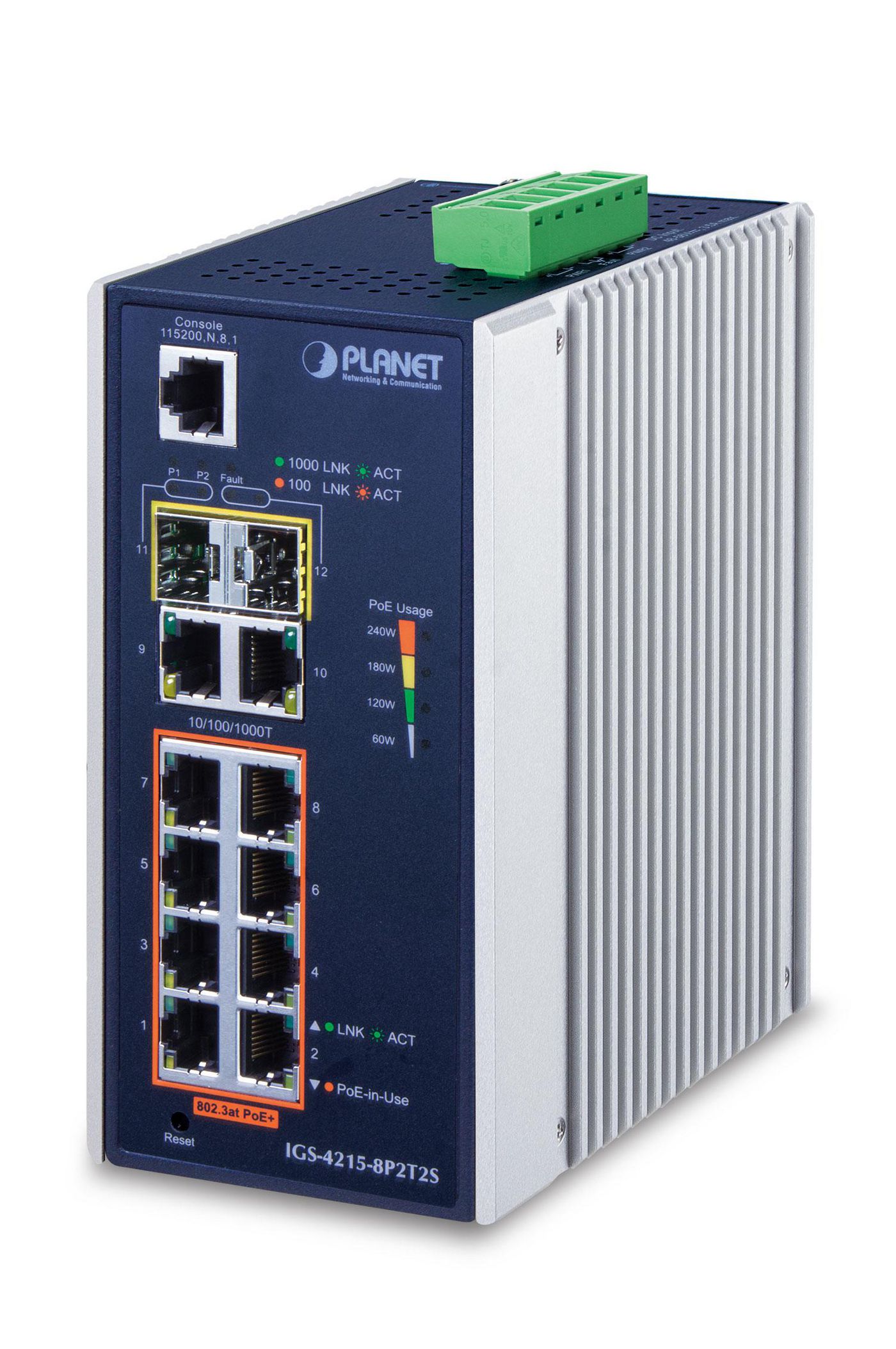 PLANET TECHNOLOGY PLANET Industrial 8-Port 10/100/1000T 802.3at PoE + 2-Port