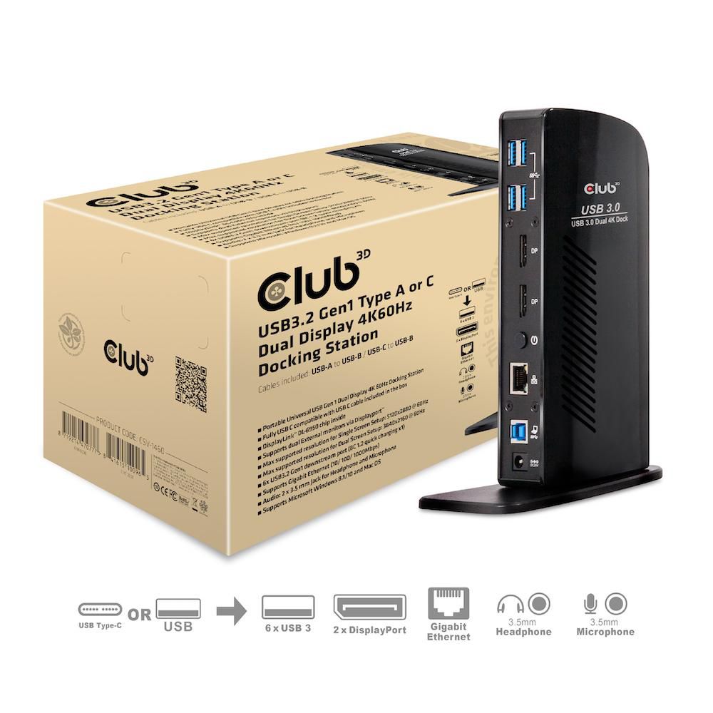 CLUB3D 4K Dockingst.60Hz USB3 ->6xUSB3/2xDP/LAN/Audio bl. retail