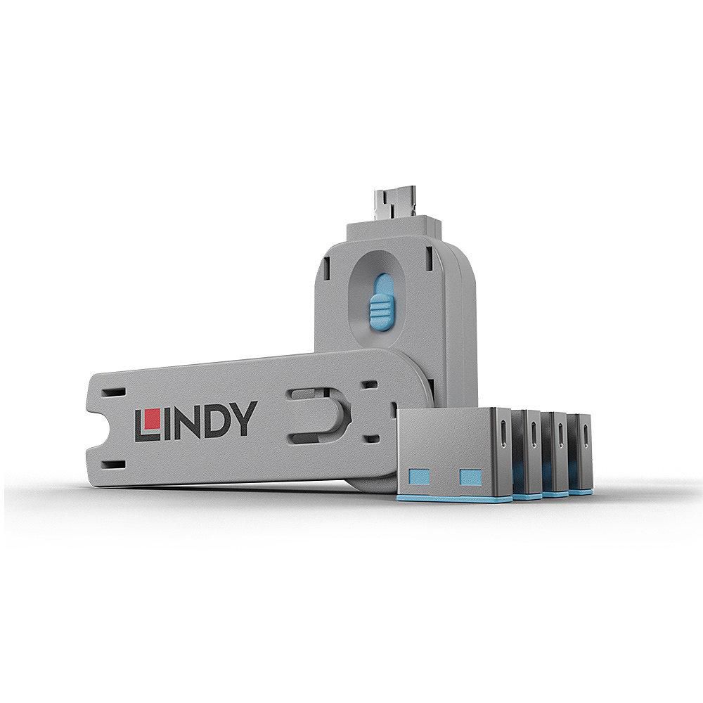 LINDY USB Port Schloss (4 Stück) mit Schlüssel: Code BLAU