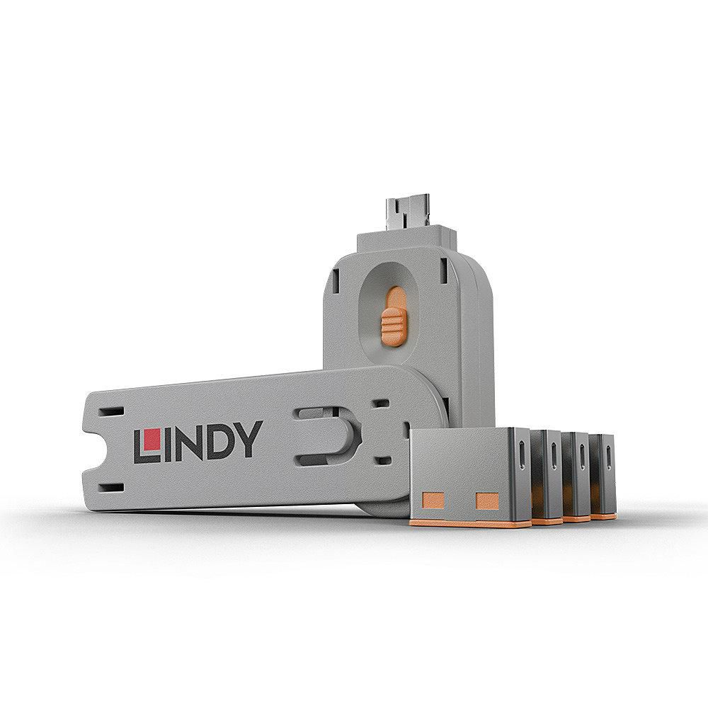 LINDY USB Port Schloss (4 Stück) mit Schlüssel: Code ORANGE