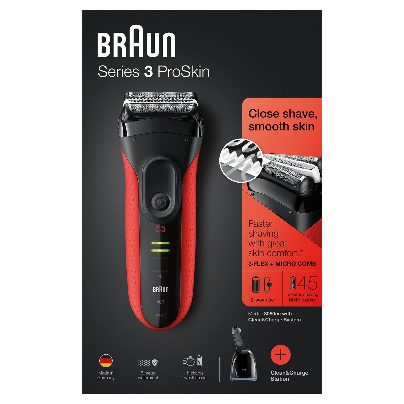 Braun Series 3 3050cc Rasoio Trimmer Nero, Rosso