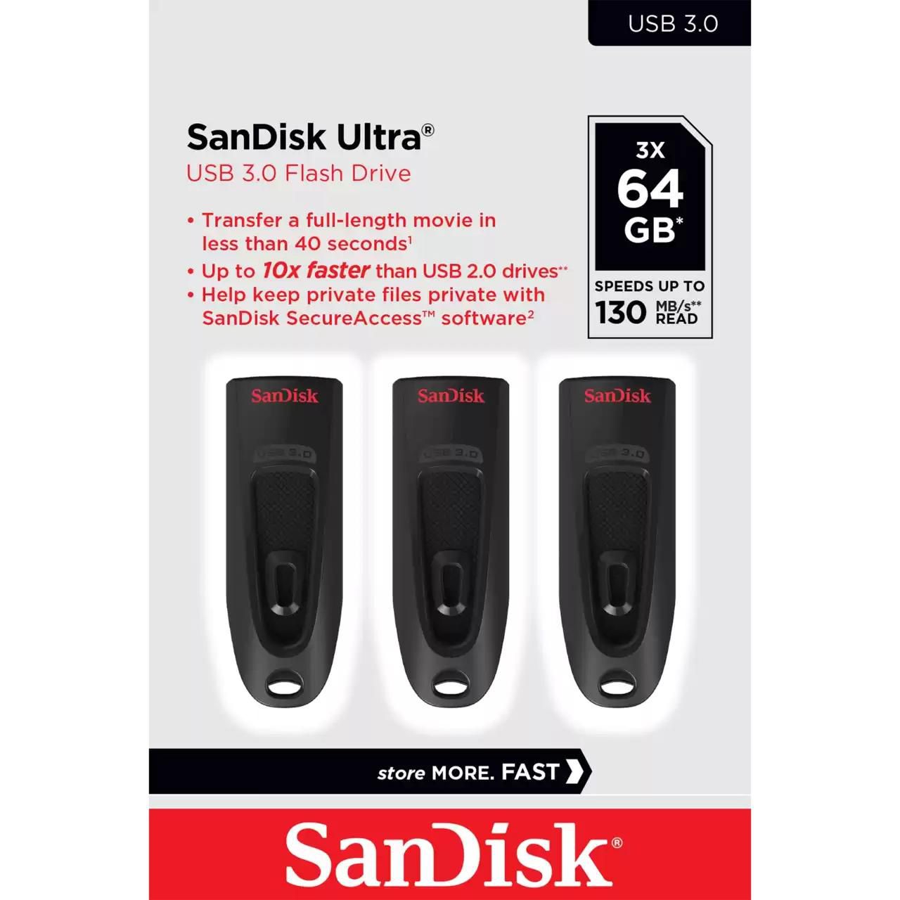 SANDISK Ultra 64GB USB 3.0 3 Pack Black
