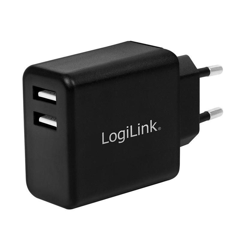 LOGILINK USB Wall Charger, 2port, 2x USB-AF, 12W, black