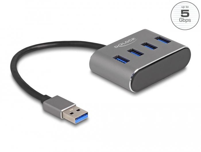 DELOCK 4 Port USB 3.2 Gen 1 Hub mit USB Typ-A Anschluss  USB Typ-A Buchsen oben