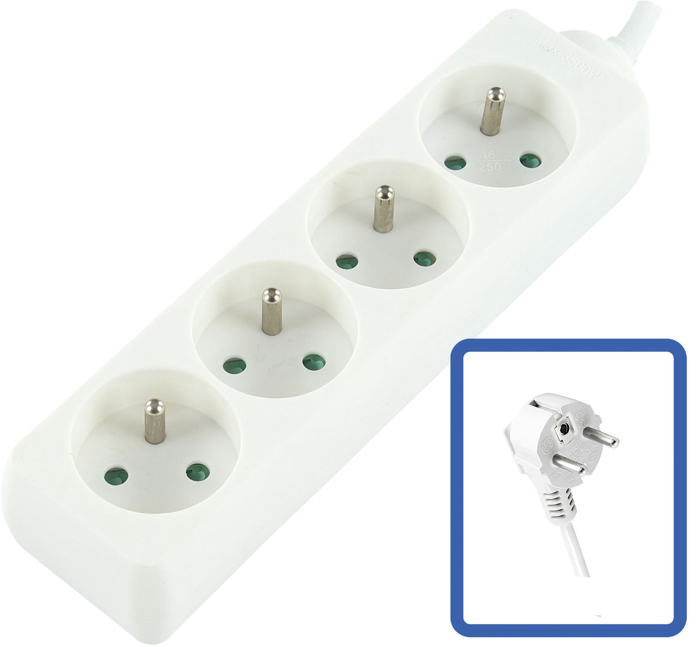 4-WAY POWER STRIP WHITE - - 16A - 3M CABLE - Warranty 24M