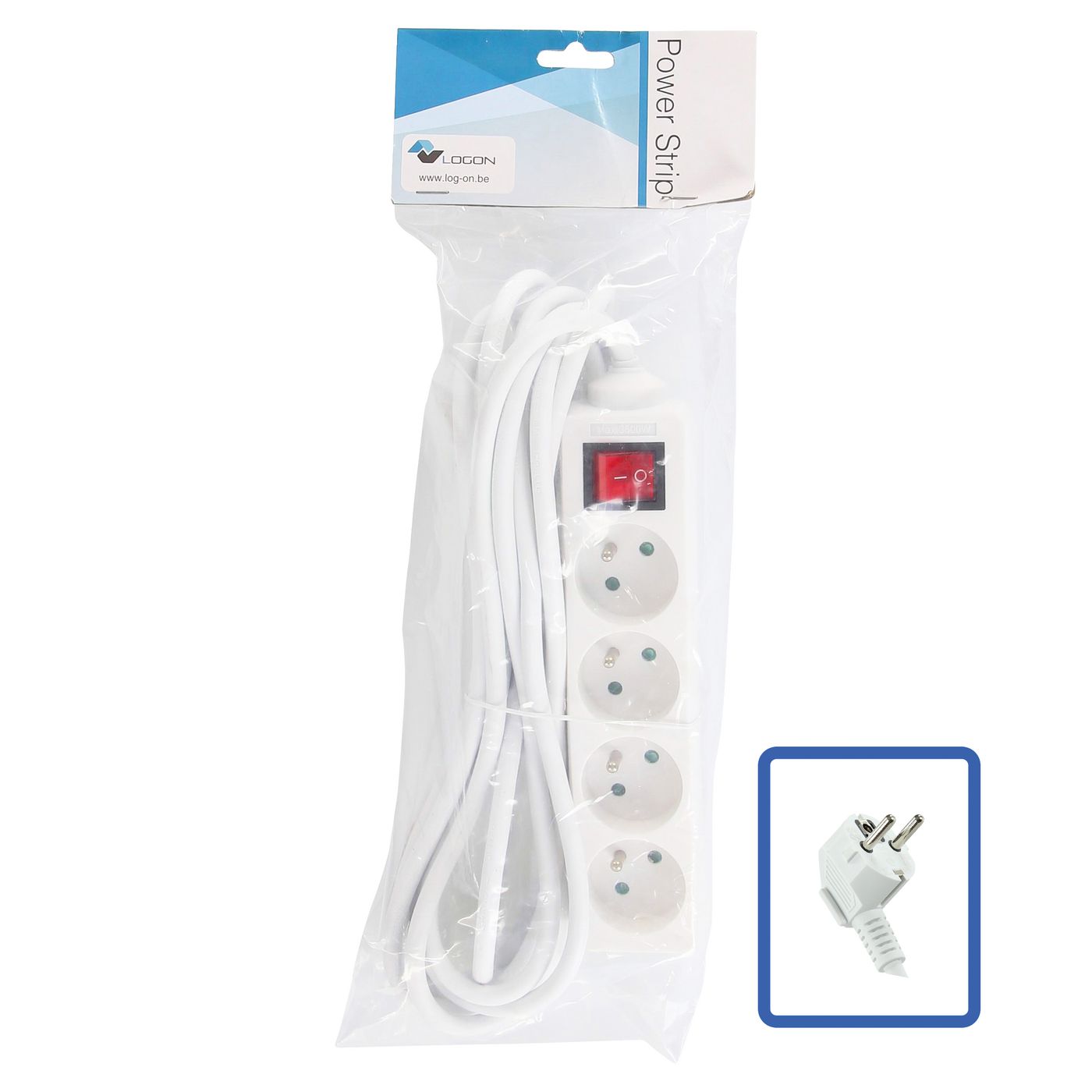 4-WAY POWER STRIP: WHITE - - ON/OFF SWITCH - 5M CABLE - Warranty: 24M