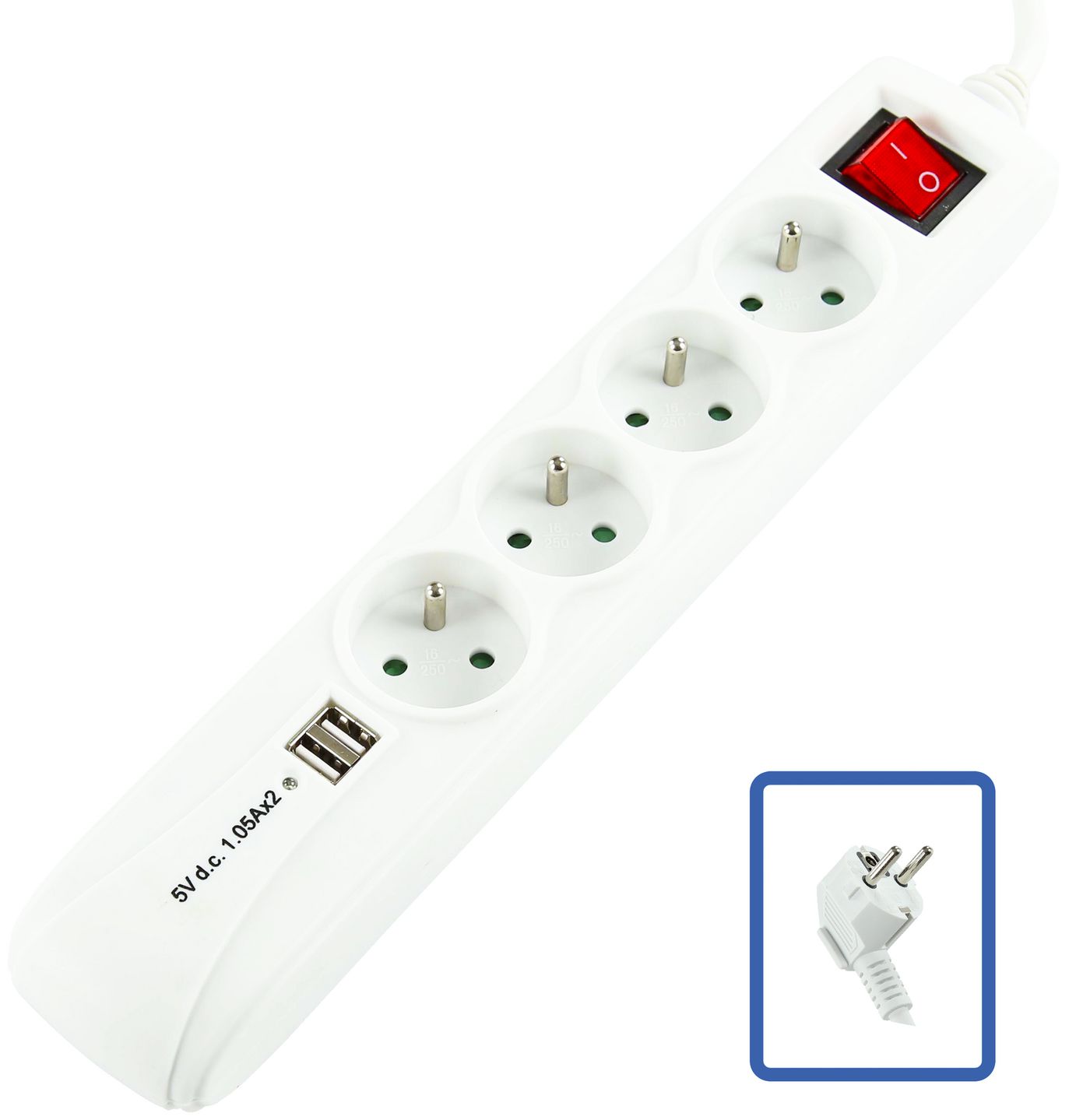 4-WAY2 USB POWER STRIP - WHITE - ON/OFF SWITCH - 1.5M - Warranty 24M