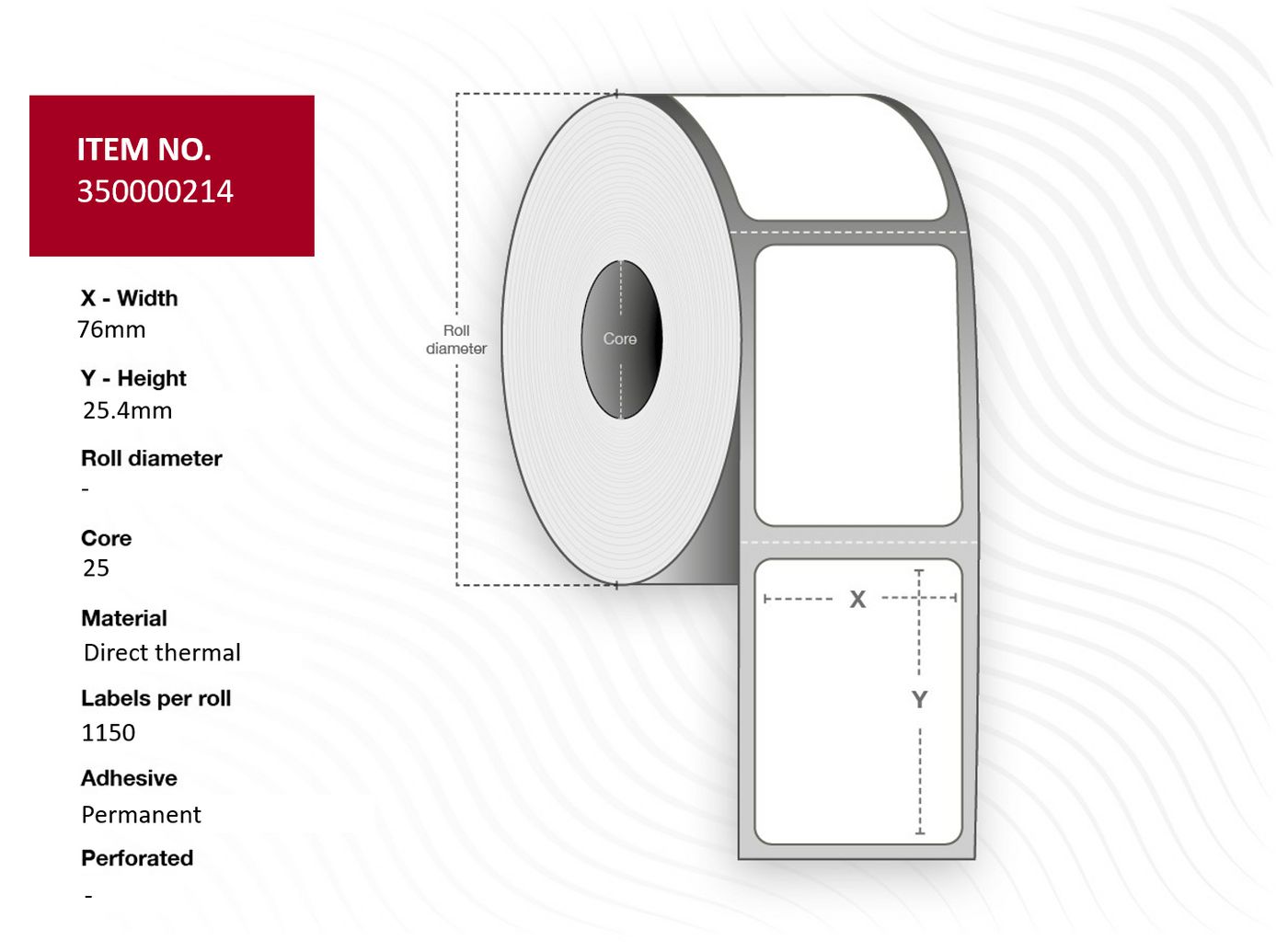 Label 76x25.4 - Core 25. - White. Uncoated. DT. - Permanent. 1.150 labels per roll. 4 rolls per box. Black Mark 25 mm core. 1.1