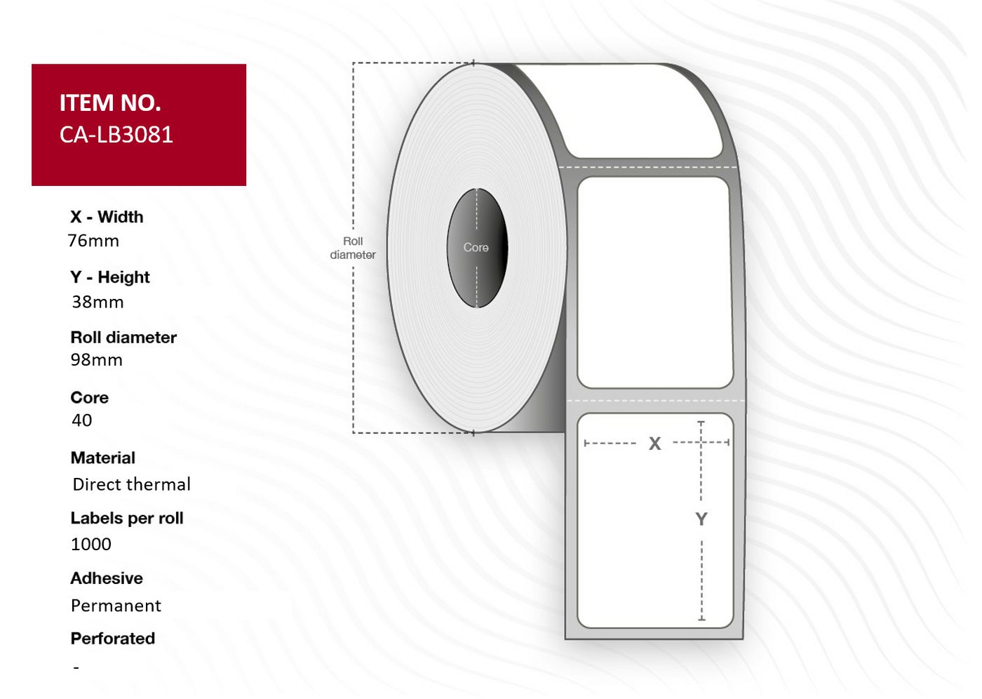 Label 76x38 Core 40 - Diameter 98 mm. Thermal - print. Top coated. Permanent. 1000 labels per roll. 12 rolls per box.