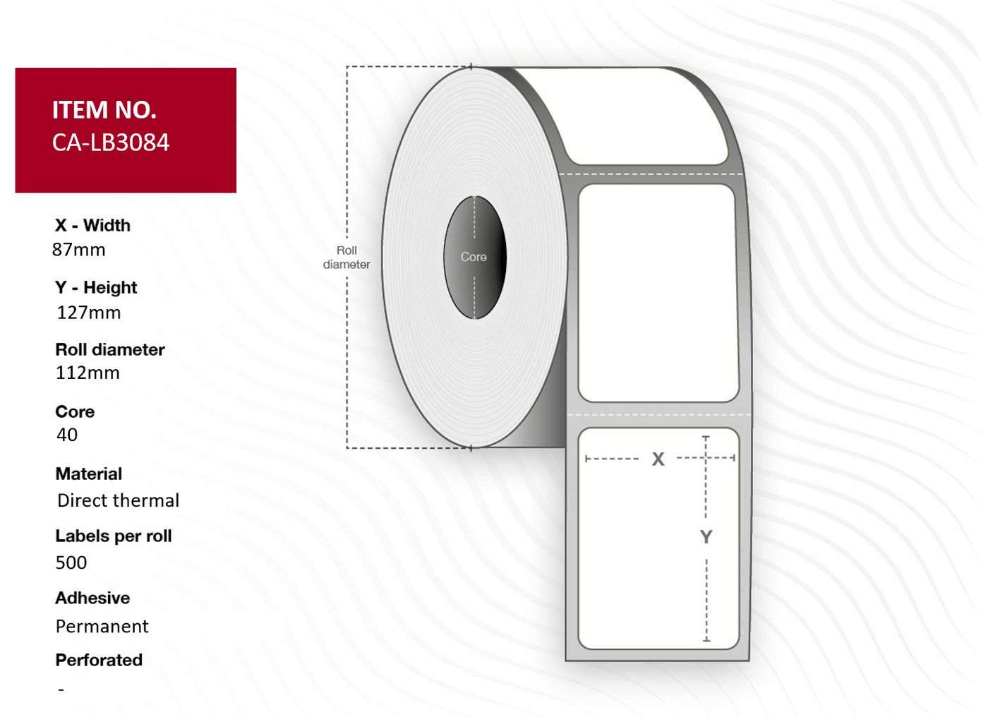 Label 87x127, Core 40, - Diameter 112 mm. Thermal - print. Uncoated. Permanent. 500 labels per roll. 12 rolls per box.