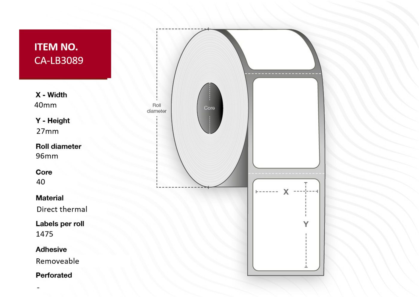 Capture CA-LB3089 etichetta per stampante Bianco (Label 40x27, Core 40, - Diameter 96 mm. Thermal - print. Top coated. Removabl