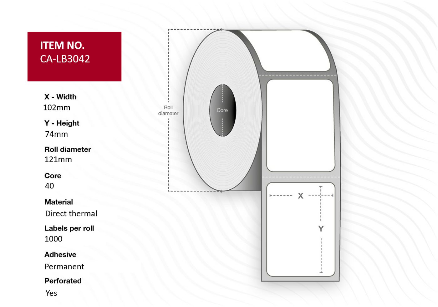 Label 102x74 Core 40 - Diameter 121 mm. Thermal - print. Top coated. Permanent. 1000 labels per roll. 12 rolls per box.