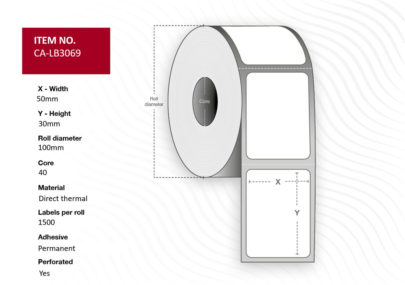 Capture CA-LB3069 etichetta per stampante Bianco (Label 50x30, Core 40, - Diameter 100 mm. Thermal - print. Top coated. Permane