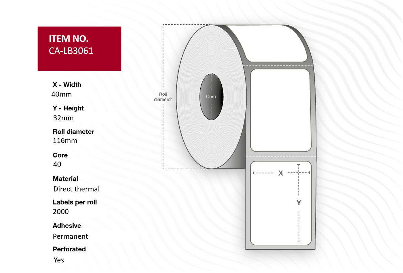 Label 40x32 Core 40 - Diameter 116 mm. Thermal - print. Top coated. Permanent. 2000 labels per roll. 12 rolls per box.