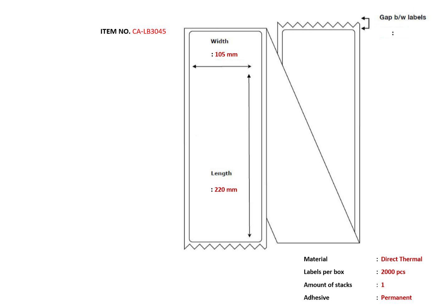 Label 105x220, Core Fanfold - Thermal print. Uncoated. - Permanent.