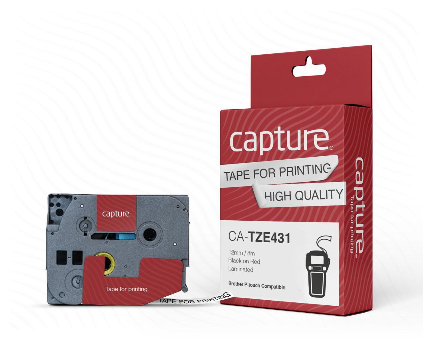 Capture CA-TZE431 W127032276 12mm x 8m Black on Red Tape 