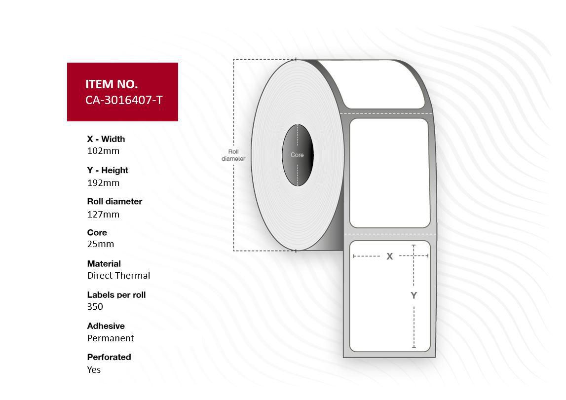 Label 102 x 192mm, Core 25mm, - Direct Thermal, Uncoated, - Permanent, Perforated, 350 labels per roll, 12 rolls per box - Warr