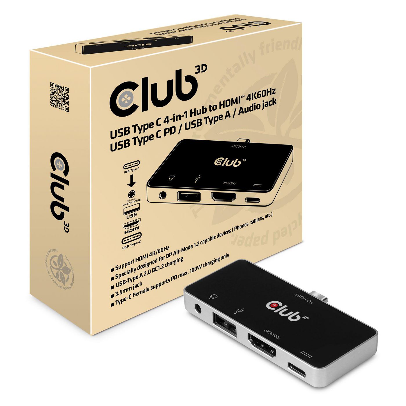 Club3D CSV-1591 W128559563 Usb Type C 4-In-1 Hub To 