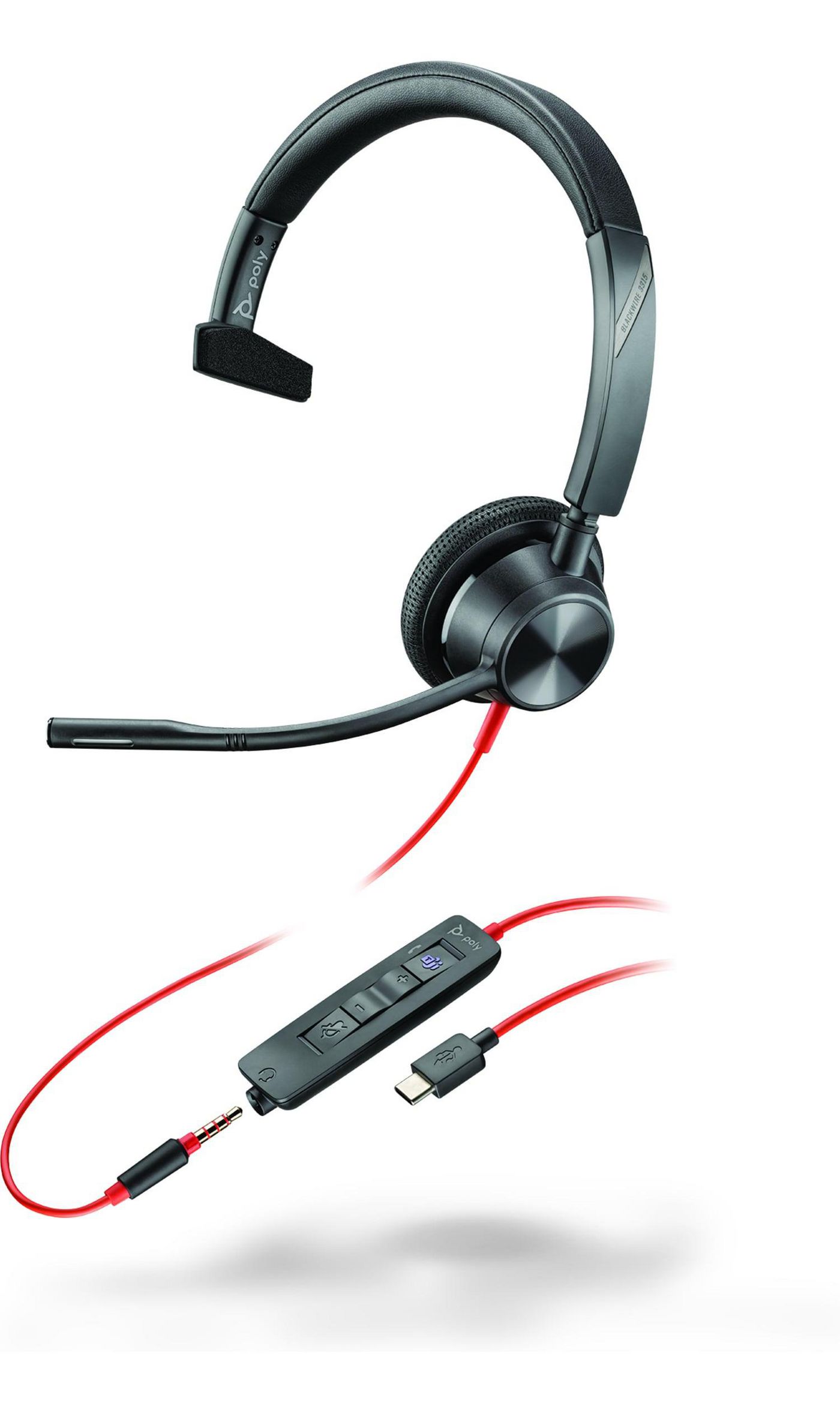 HP Poly Blackwire 3315 Monaural Microsoft Teams Certified USB-C Headset +3.5mm Plug +USB-C/A Adapter