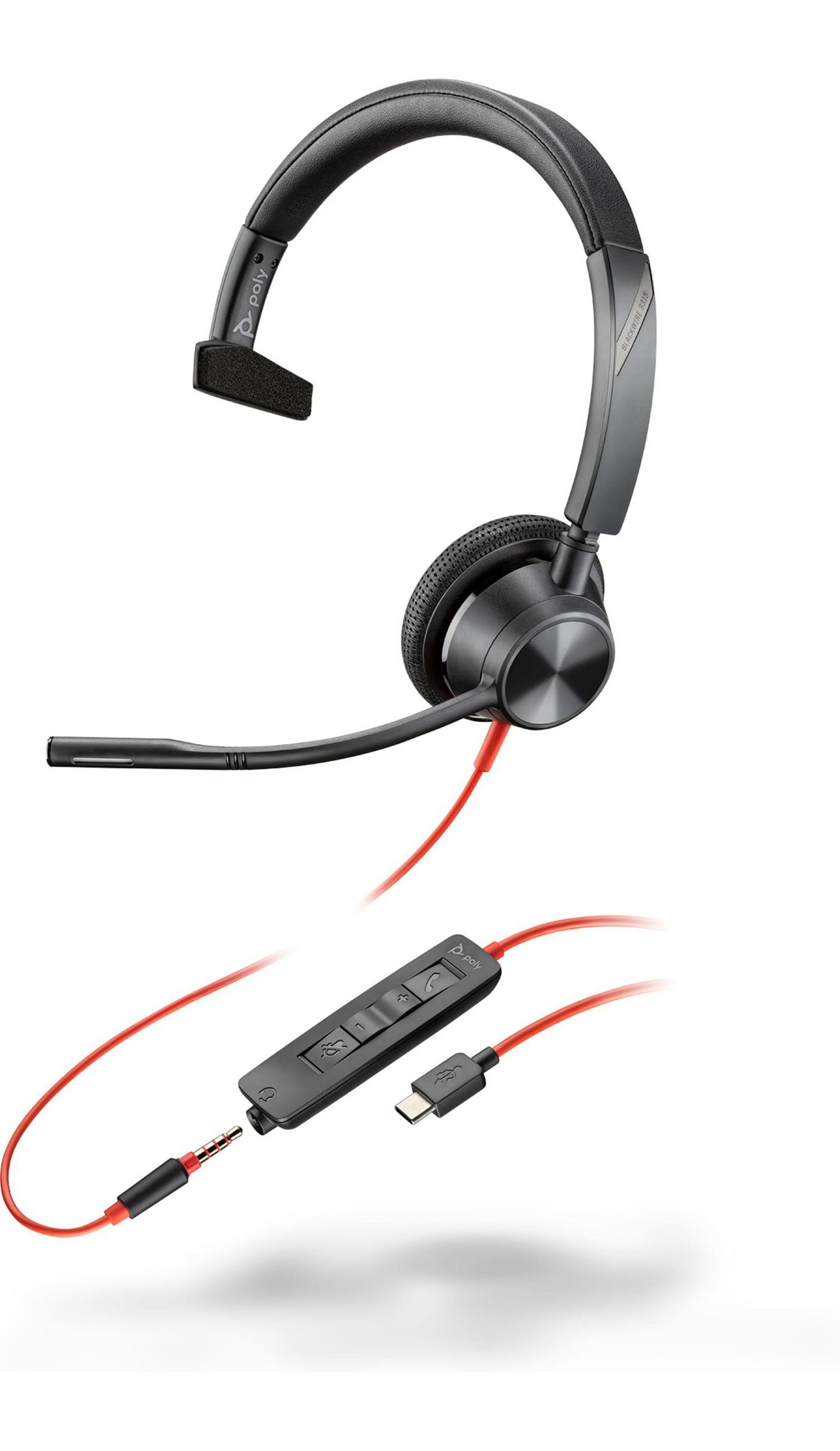 HP Poly Blackwire 3315 Monaural USB-C Headset +3.5mm Plug +USB-C/A Adapter