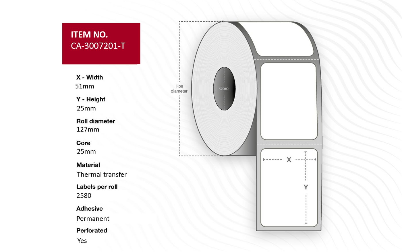 Capture CA-3007201-T etichetta per stampante (Label 51 x 25mm Core 25mm - Thermal Transfer Coated - Permanent Perforated 2580 l