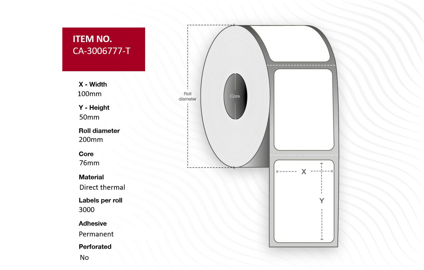 Capture CA-3006777-T etichetta per stampante (Label 100 x 50mm, Core 76mm, - Direct Thermal, Uncoated, - Permanent, No perforat