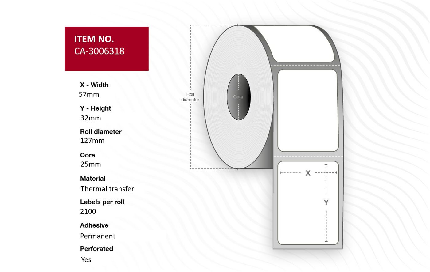 Capture CA-3006318 etichetta per stampante (Label 57 x 32mm, Core 25mm, - Thermal Transfer, Coated, - Permanent, Perforated, 21