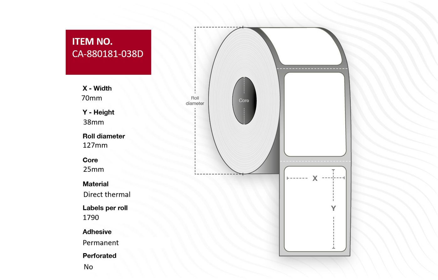 Capture CA-880181-038D etichetta per stampante (Label 70 x 38mm, Core 25mm, - Direct Thermal, Uncoated, - Permanent, No perfora