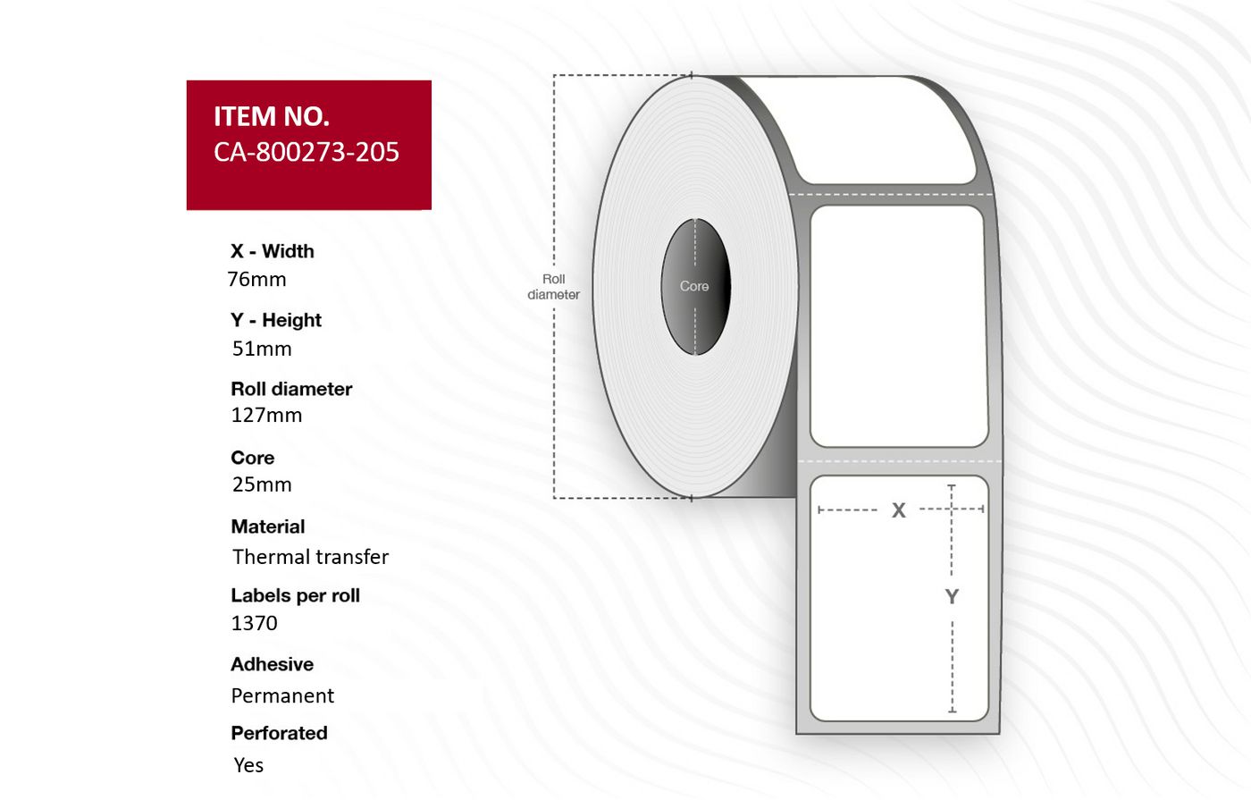 Capture CA-800273-205 etichetta per stampante (Label 76x51mm Core 25mm - Thermal Transfer Coated - Permanent Perforated 1370 la