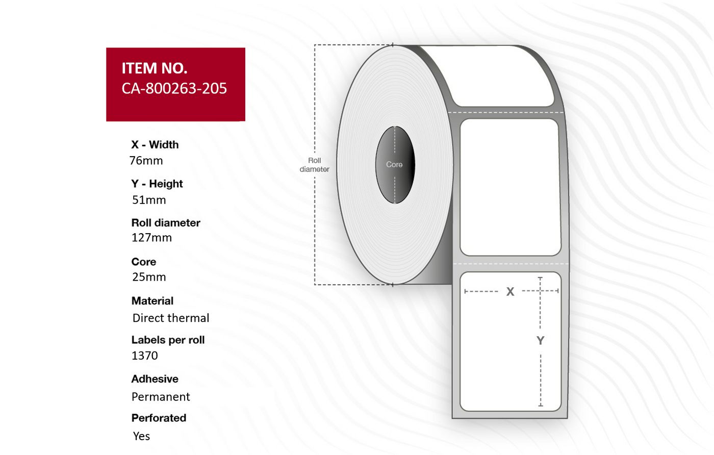 Capture CA-800263-205 etichetta per stampante (Label 76 x 51mm, Core 25mm, - Direct Thermal, Coated, - Permanent, Perforated, 1