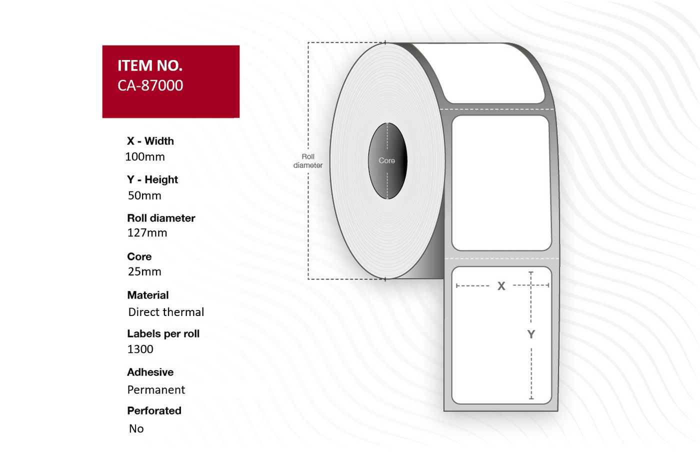 Capture CA-87000 etichetta per stampante (Label 100 x 50mm Core 25mm, - Direct Thermal, Coated, - Permanent, No perforation, 13