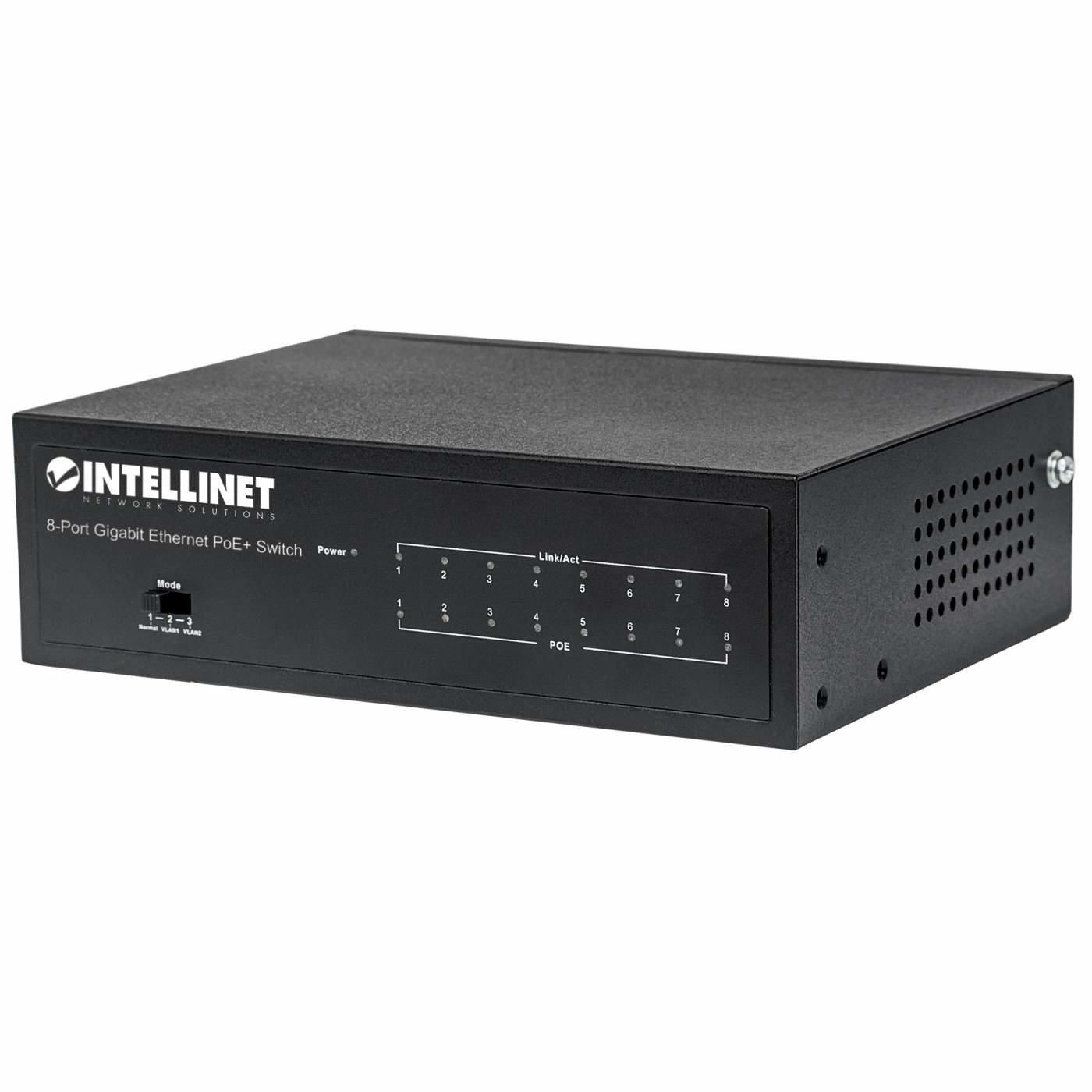 INTELLINET 8-Port Gigabit Ethernet PoE+ Switch, IEEE 802.3at/af Power over Ethernet (PoE+/PoE) Compl