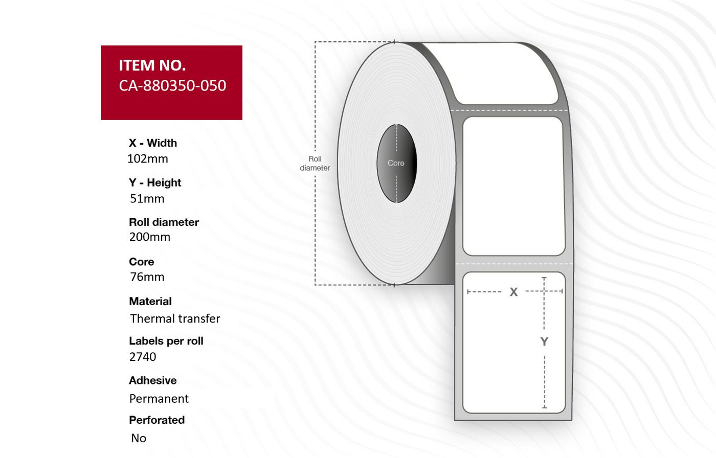 Label 102 x 51mm Core 76mm - Thermal Transfer Polyester - Permanent No perforation 2740 labels per roll 4 rolls per box. - Warr