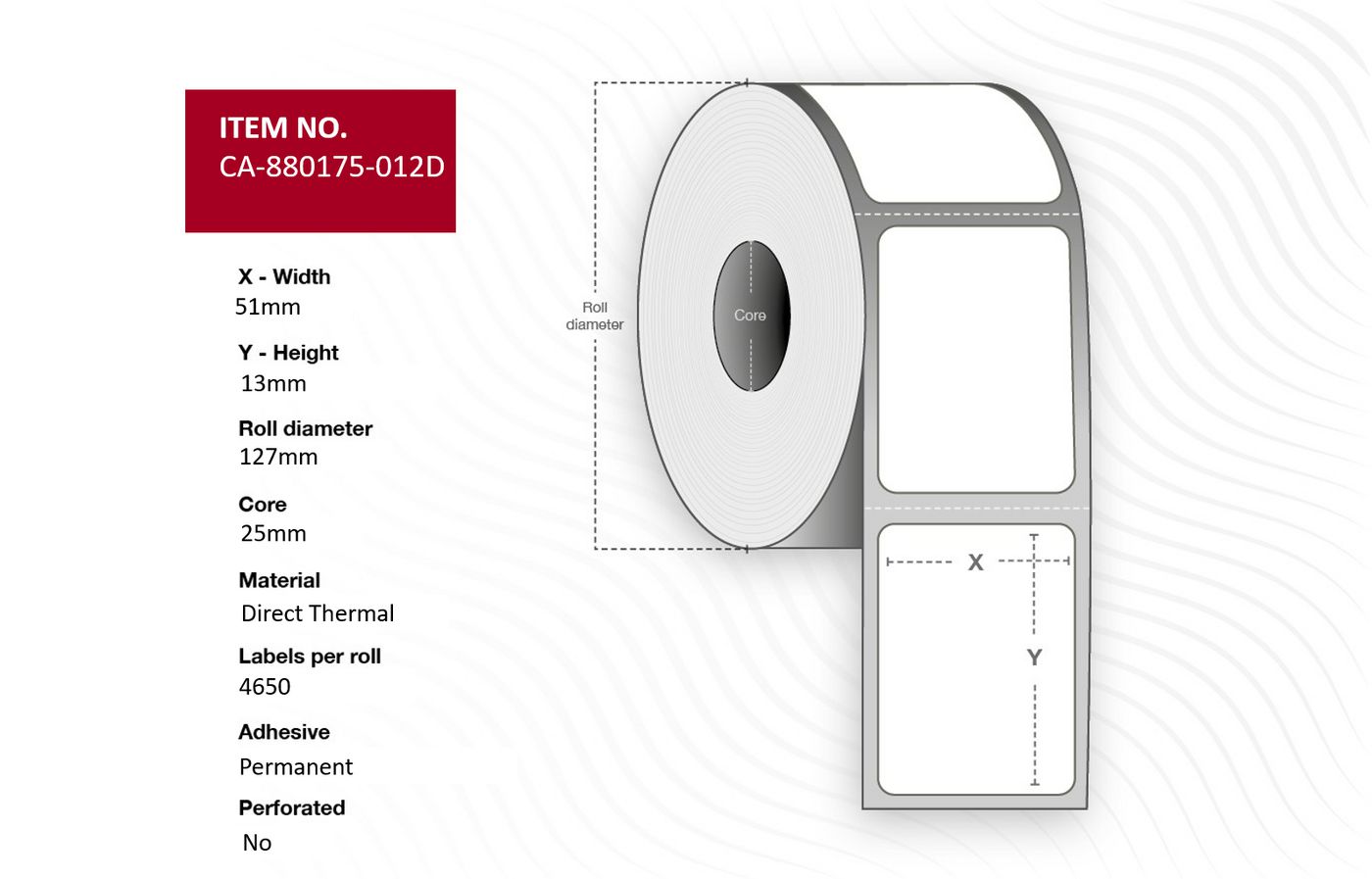 Label 51 x 13mm, Core 25mm, - Direct Thermal, Uncoated, - Permanent, outer diameter 127mm, 4650 labels per roll, 12 rolls per b
