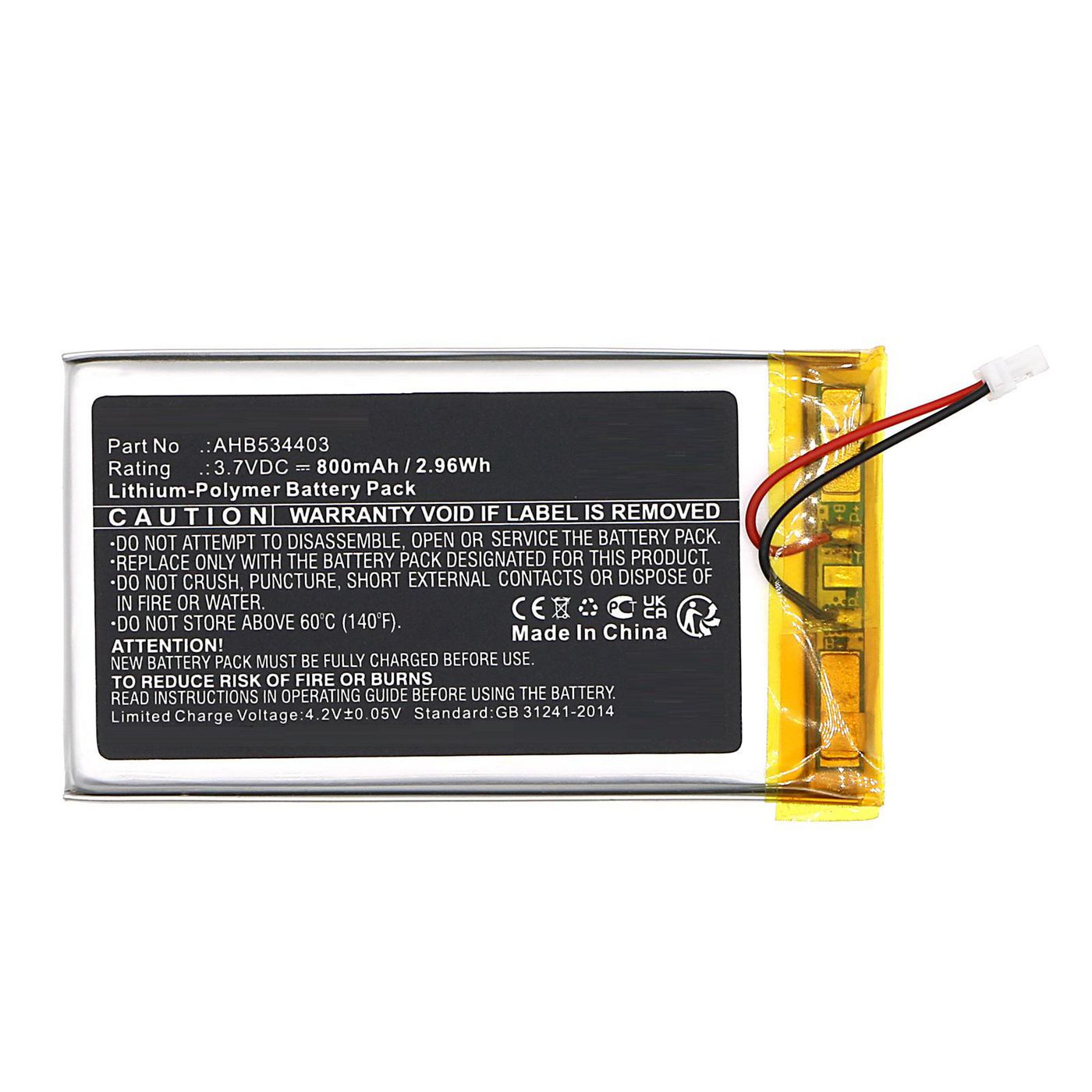 Battery 3.7V 800mAh 2.96Wh