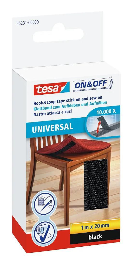 TESA On- & Off-Klettband zum Aufnähen und Aufkleben, 1m x 20mm, schwarz