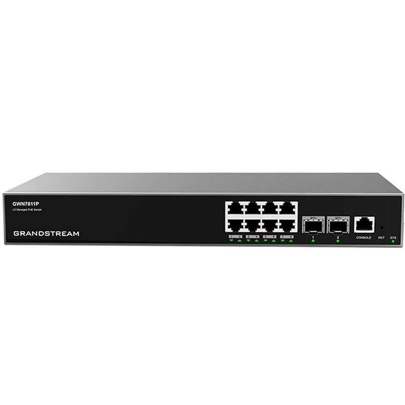 Grandstream Layer 3 Managed Network Switch 8x GbE RJ45 PoE 802.3 af/at up to 30W per port 2x SFP fan-less. Utilizzabile con il