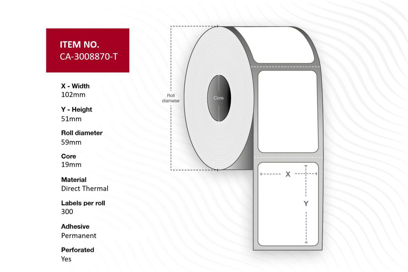 Capture CA-3008870-T etichetta per stampante (Label 102 x 51mm, Core 19mm, - Outside diameter 59mm, Direct - thermal, Uncoated,