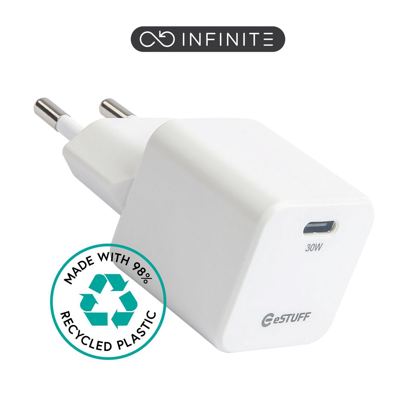 Блок живлення eSTUFF INFINITE USB-C Charger EU PD 30W GaN - White - 100% Recycled Plastic, ES637027
