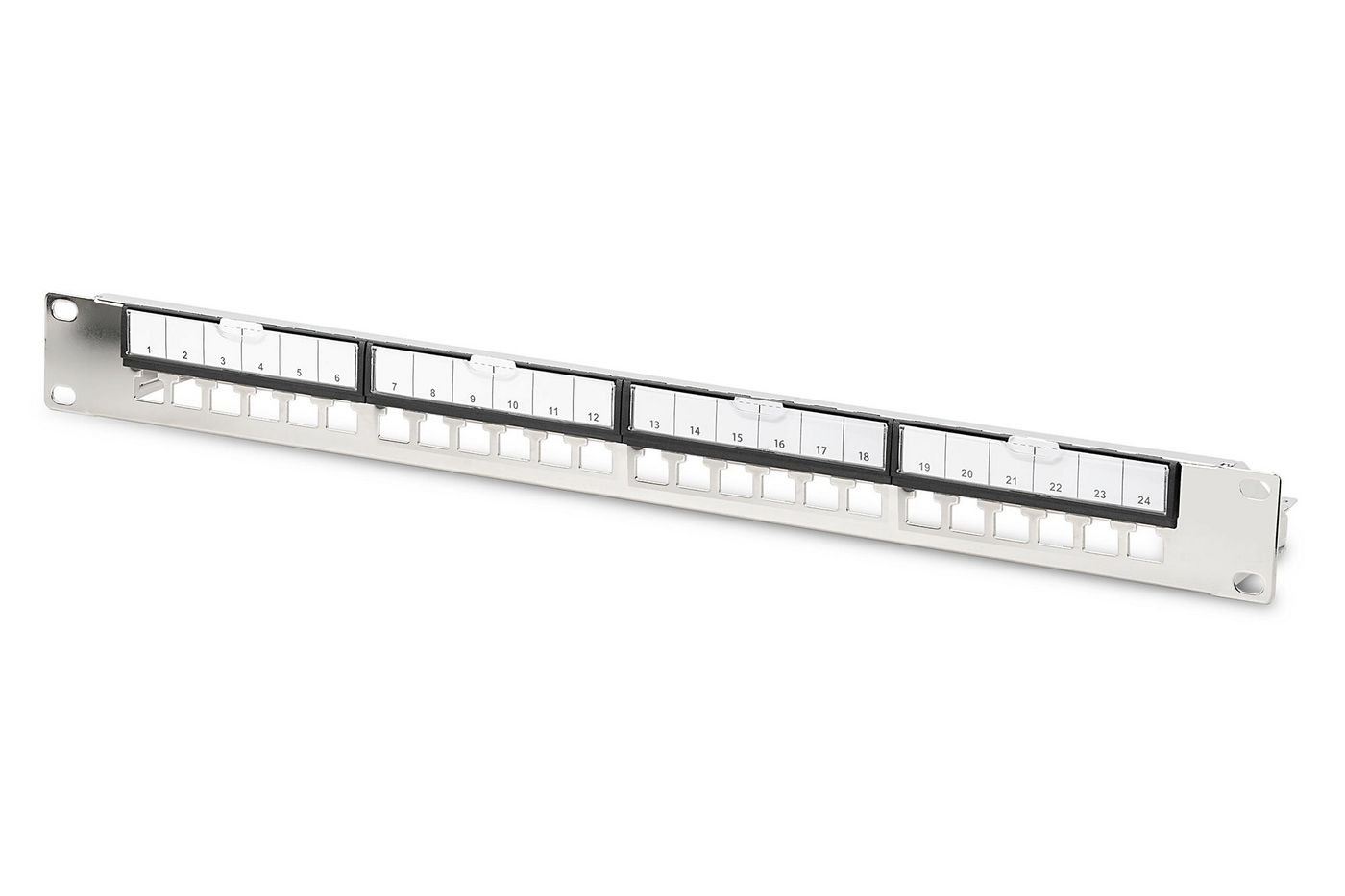 Il patch panel modulare Digitus a 24 porte in acciaio zincato è un robusto pannello da 19 pollici montabile su rack con 24 por