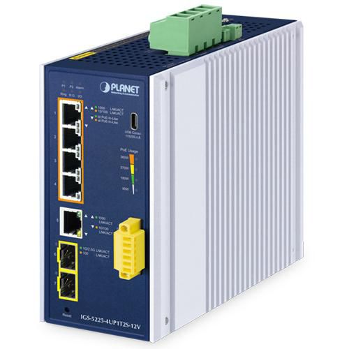 Industrial L2+ 4-Port - 10/100/1000T 802.3bt PoE + - 1-Port 10/100/1000T + 2-Port 1G/2.5G SFP Managed Ethernet Switch w/12V Boo