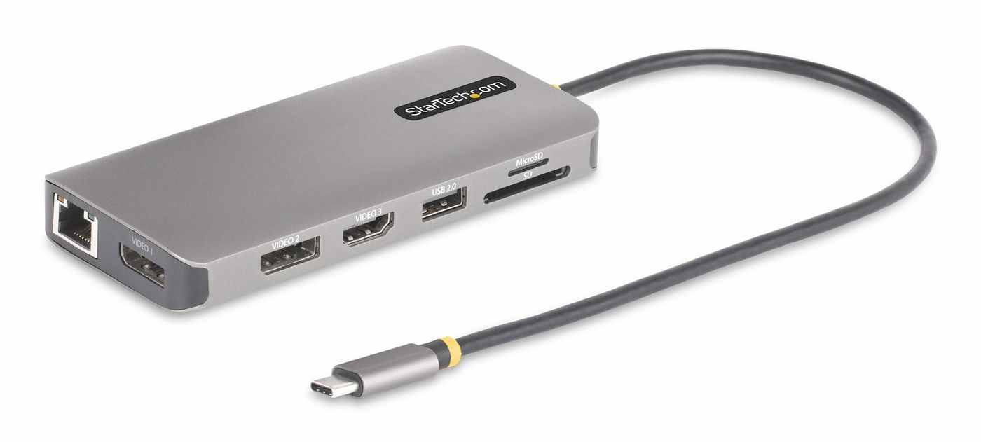 StarTech.com Adattatore multiporta USB-C a tre monitor, HDMI/ DisplayPort, hub 4x USB, 100W PD, GbE, lettore di schede SD/Micro