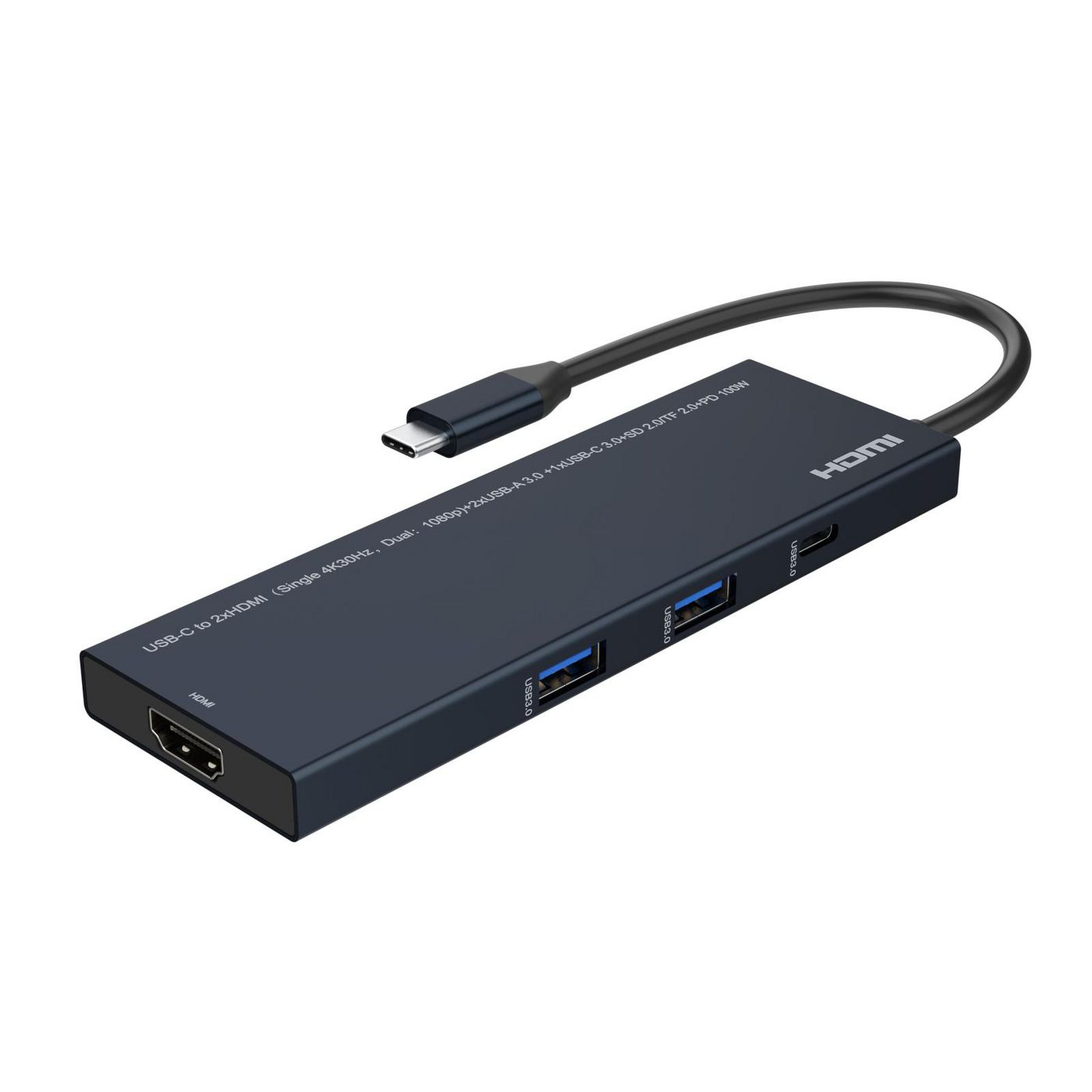 USB-C to HDMI mini dock, 2x - HDMI [single 4K@30Hz dual - 1080p] 2x USB A, 2x USB-C, PD up to 100W. Supports MST for Windows on
