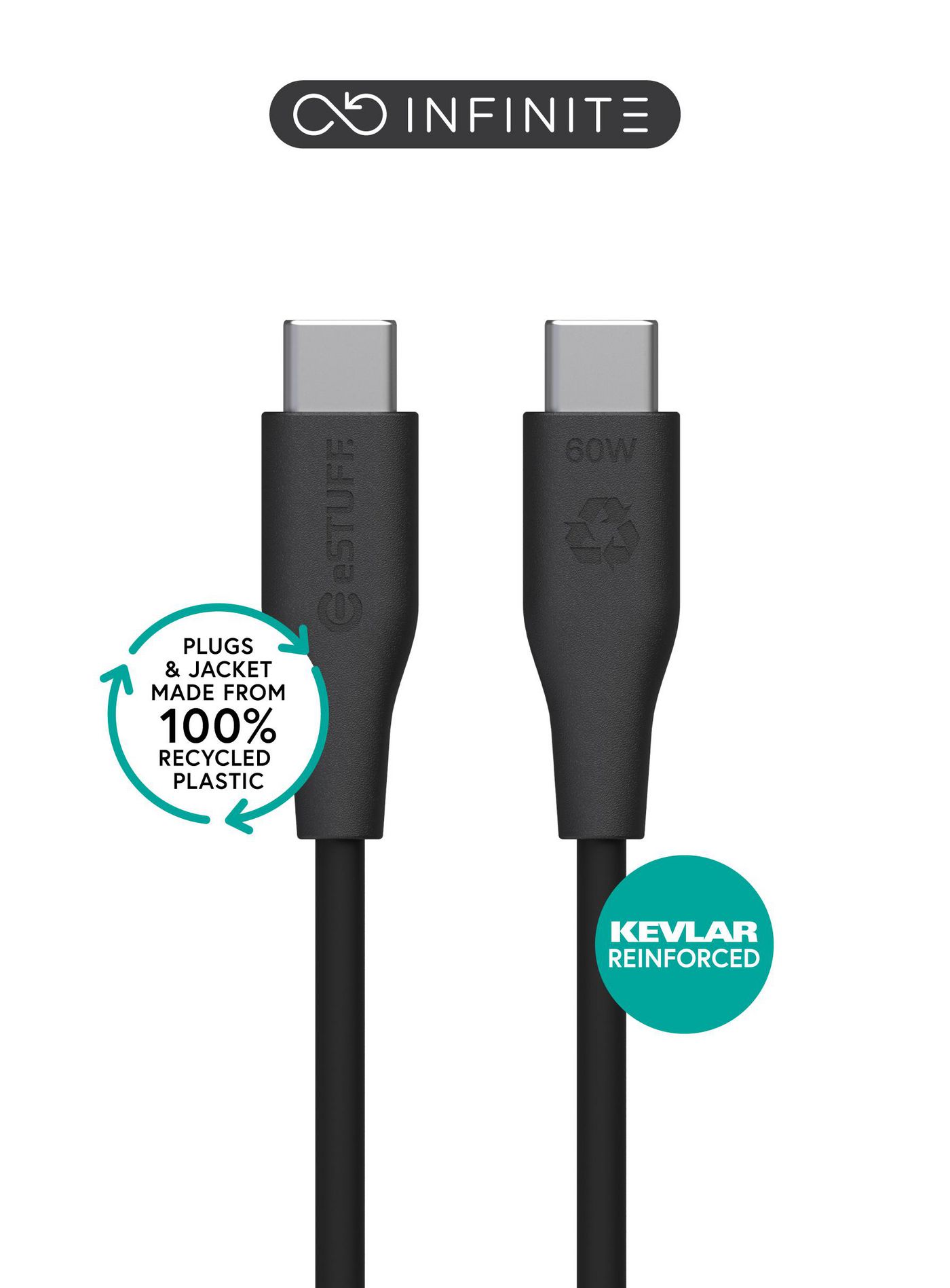 eSTUFF INFINITE (GRS) USB-C to USB-C Cable 3m Black. PVC Free