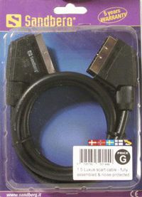 Sandberg Scart connector cable with a Scart male plug at each end. The cable is fully wired, i.e. it support S-video, composite and RGB video signals as well as stereo sound. All signals are supported bidirectionally. Sound and image quality are excellent, as the cables are double-shielded with ferrite cores. - W125354504
