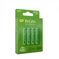 GP Batteries ReCyko NiMH Battery, AA, 2600mAh, 4-pack<br>ReCyko. Battery type: Rechargeable battery, Battery size: AA, Battery technology: Nickel-Metal Hydride (NiMH). Package width: 82 mm, Package depth: 18 mm, Package height: 125 mm - W125943251