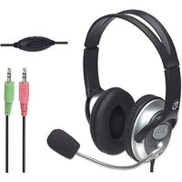 Manhattan Classic Stereo Headset, flexible microphone boom, padded cloth ear cushions, two 3.5mm plugs, Silver/Black, Box - W124603059